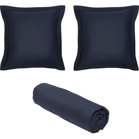 1 drap housse 90x190 cm Coton Bio + 2 taies carrées Bleu Navy (1/5)