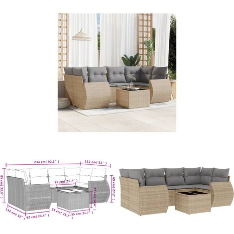 7-tlg. Garten-Sofagarnitur mit Kissen Beige Poly Rattan - Gartenmöbel Set - Outdoor Möbel - Rattan Gartenset - Lounge Set - Esstisch Set - Home & Living (1/3)