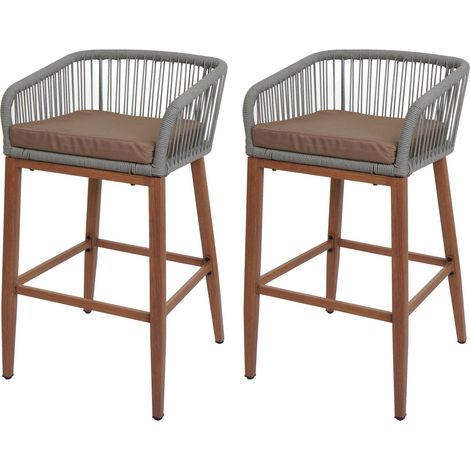 Juego de 2 taburetes de bar de cuerda HHG-110, asiento de exterior de cuerda de metal imitación madera, gris claro, cojín topo (1/5)
