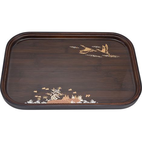 Plateau à thé en bambou japonais design simple et élégant avec finition en résine et noyer pour usage domestique, forme carrée arrondie