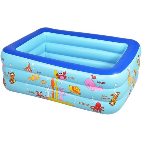 Piscine Gonflable Enfant Bleue 3 Anneaux Longueur 150cm, Bassin à Eau Motif Marin pour Intérieur Jardin Jeux de Balle Aquatiques (1/4)