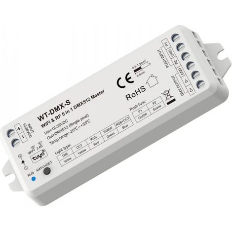 Controller WiFi DMX512 Master, APP Tuya Smart Life, RF 2.4GHz e Push,  5 in 1per DIM CCT RGB RGBW RGB+CCT, 12V 24V 36V DC, 8 Bit 16 Bit, Controllo Vocale
