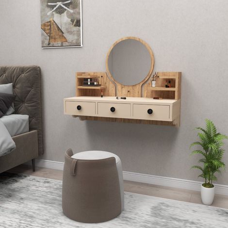 Toiletta Canistro, Mueble de Tocador con Espejo Incluido, 3 Cajones, Estructura Beige, 90x37x75h cm Roble Marrón Nodo (1/5)