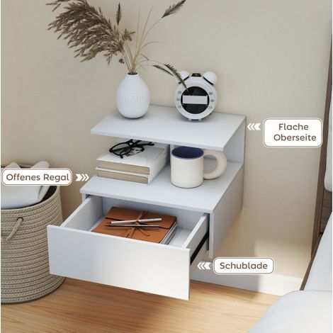Table de chevet murale blanche avec tiroir et niche ouverte, 39,8 x 35 x 31,6 cm (1/5)