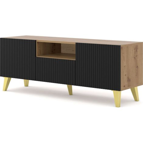 Meuble TV meuble Hi-fi sur pied couleur artisan 150x42x56cm RAVI PB FILET Pied or (1/3)
