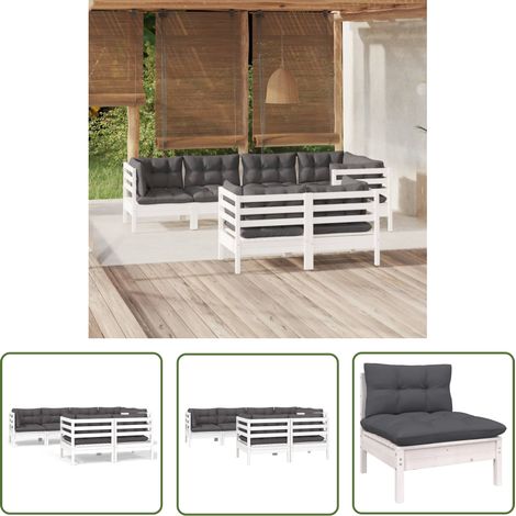 The Living Store Salon de jardin 7 pcs avec coussins blanc bois de pin massif - Salon De Jardin - Mobilier De Jardin - Ensemble Salon De Patio - Meubles De Terrasse - Bois De Pin (1/5)