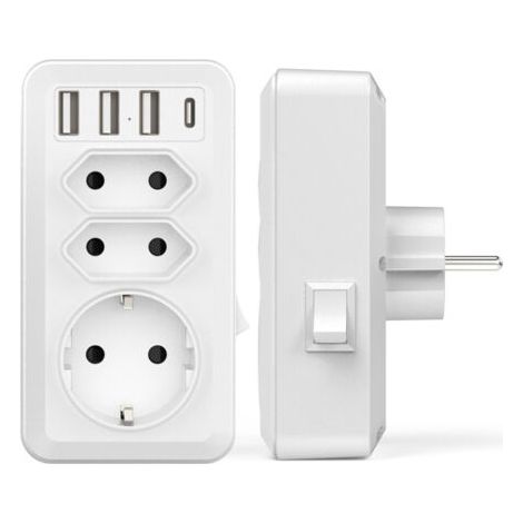 USB Multisector, 7 in 1 USB Power Strip Charger with 3 AC Outputs (16A, 3800W), 3 5V/3.4A USB Ports, 1 Type-C Port, for Home, Office, Travel, Compatible with Phone