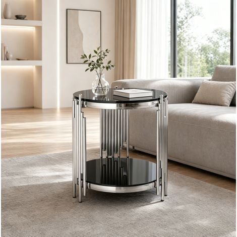 Mesa auxiliar redonda de vidrio templado negro y acero inoxidable plateado, 2 niveles (1/5)