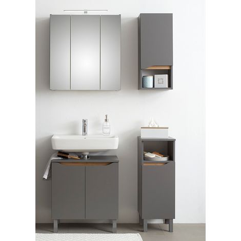 Badezimmer Set mit grauen Füßen in Quarzgrau Matt Touch mit Riviera Eiche Nb. QENA-66, B/H/T ca. 110/190/33 cm (1/5)