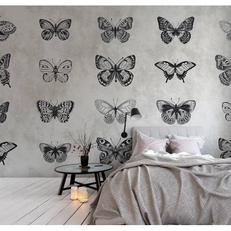 Papier peint panoramique vintage papillons | Tapisserie panoramique beige, grise et noire | Papier peint panoramique pour cuisine - 270 x 500 cm (5 pièces) (1/5)