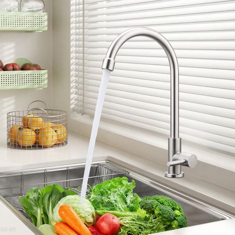 Robinet d'Eau Froide, Mitigeur de Cuisine à Levier Unique, Rotation 360° Robinet Haute Pression Monocommande, Robinet d'Eau Froide Mode Colonne en Acier Inoxydable, Brossé (1/5)