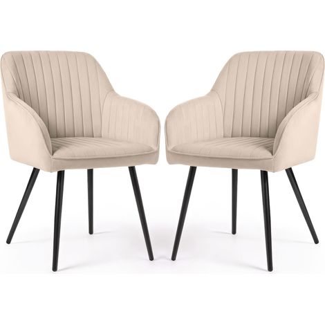 Lot de 2 Chaises en velours à surpiqûres FLORENCE Beige pieds noirs (1/5)