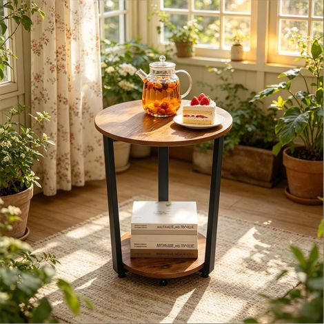 Table basse ronde Ø50 x 53 cm en bois et métal brun rustique, avec rangement pour salon FloraGrace (1/4)