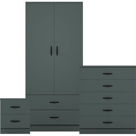 Riano 3 Piece Bedroom Set (2 Drw Bedside Chest, 5 Drw Chest, 2 Dr 2 Drw Wardrobe), Green (1/3)