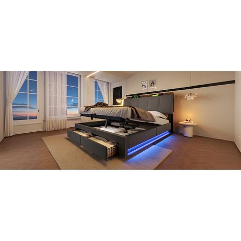 Lit coffre rembourré gris 180x200 cm en lin avec rangement hydraulique, éclairage LED et ports USB-C pour chambre et suite (1/5)