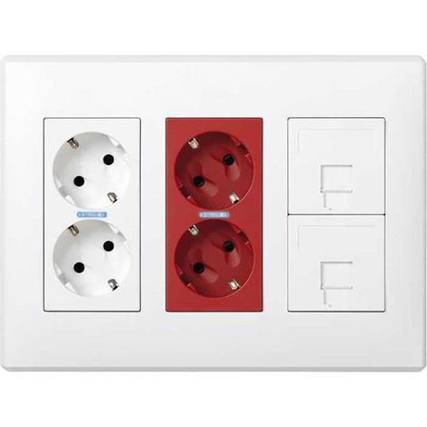 Boîtier Simon 500 Cima Avec 6 Mécanismes, 2 Schukos Blancs + 2 Schukos Rouges + 2 Rj45, En Saillie Ou Encastré. Blanc