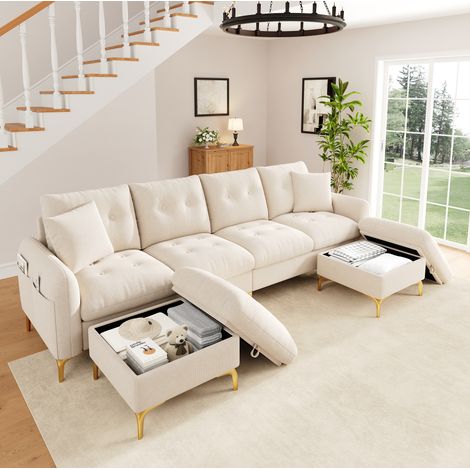 Modulares 4-Sitzer Schlafsofa U-Form aus Chenille mit 2 Stauraumhockern Beige (1/5)