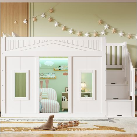 Letto a soppalco 90/200 cm bianco con scala contenitore, finestra e LED (1/5)