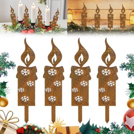 Bougies de Noël en métal rouillé, 4 Pièces Décorations de Noël en Métal Rouillé, Bougies Rouillées De Décor De Noël, DéCoration De Jardin Rouille, Piquet de jardin en rouille, Pour jardinière, extérie (1/5)