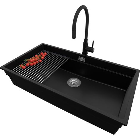 PRIMAGRAN Evier Cuisine en Granit 86x47cm, Lavabo 1 bac + Robinet 40x38cm + Kit de Vidage + Accessoire, Évier à Encastrer au meuble 90cm - Prague Slim, Noir (1/5)
