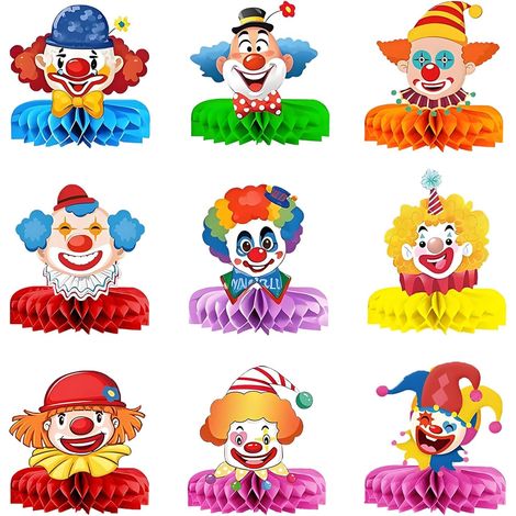 Lot de 9 Décorations de Table Clown pour Carnaval, Décoration de Table en Nid d'abeille 3D, Décoration de Carnaval en Papier Alvéolaire pour Carnaval et Fête à Thème Cirque (9Pcs) (1/5)