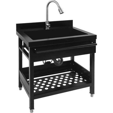 Évier de cuisine autoportant - 65 x 50 x 86 cm - En acier inoxydable - À bac simple - Avec robinet extensible - Portable - Pour restaurant, garage, extérieur (noir)