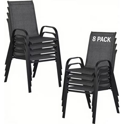 Lot de 8 Chaises de Jardin Fauteuils Chaises de Salle à Manger à Dossier Haut Empilables Structure Métallique Ergonomiques Charge Max 135 kg pour Jardin et Terrasse Gris