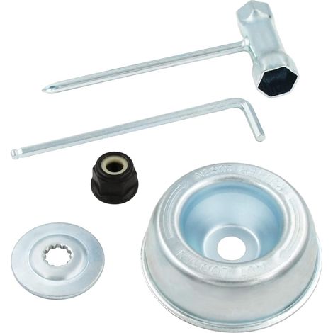 Kit de mantenimiento para el adaptador de cuchillas de cortacéspedes Stihl (arandela de tope, placa de soporte, tuerca de brida, llave inglesa). (1/5)