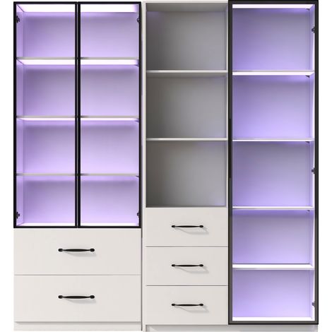 Vitrina LED blanca 140 x 40 x 160 cm con estantes, cajones y puertas de vidrio (1/5)