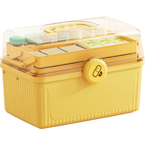 Boîte de rangement médicaments 3 couches, grande capacité, étanche, antichoc, portable, jaune, pour maison et extérieur (1/5)