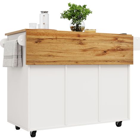 ELVMI Carrello da Cucina 1 Cassetto 2 Ante, Piano Ribaltabile e Ruote, MDF, Bianco, 137.5 x 40 x 95.6 cm (1/5)