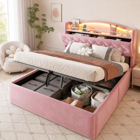 Cama tapizada 140x200 cm, con almacenamiento hidráulico, luces LED en el cabecero, terciopelo rosa (1/5)