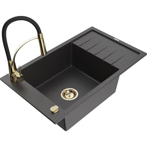 Mexen Elias fregadero de granito de 1 seno con escurridor y grifo de cocina Aster, negro moteado - 6511-76-73450-57-G (1/5)