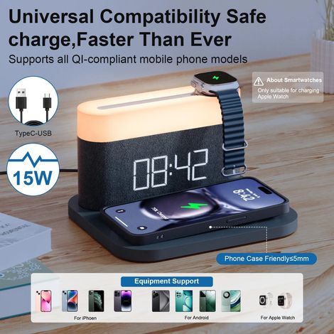 Réveil à charge sans fil 15 W - Veilleuse LED numérique pour iPhone/Samsung/Huawei, luminosité réglable (1/5)