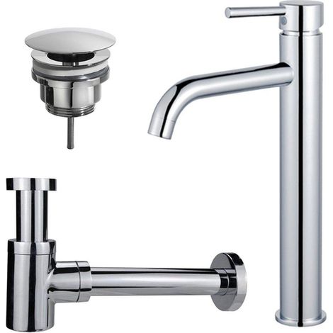 Fortifura Calvi Kit mitigeur lavabo - robinet rehaussé - bonde non-obturable - siphon design bas - Chrome brillant