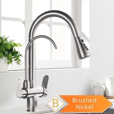 Robinet de cuisine avec filtre à eau 2 en 1, finition nickel brossé B, douchette extractible, système de purification d'eau Crane, mitigeur pivotant 2 voies, finition laiton antique. (1/5)