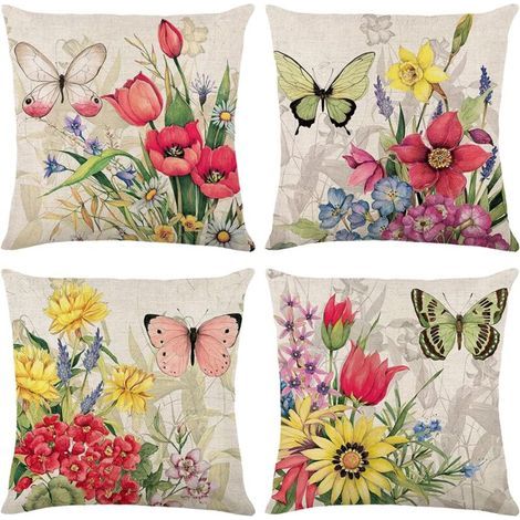 Lot de 4 Housse de Coussin, Housse Coussin 45x45 Housses de Coussin Taie d'oreiller Décoratif Canapé pour Chambre, Canapé, Chaise, Lit,Jardin (Fleur-Lin) (1/5)