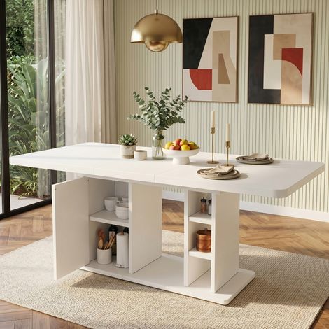 Table repas extensible blanc 140/180x80x75 scandinave rangement plateau épais 6-8 convives salle à manger (1/5)