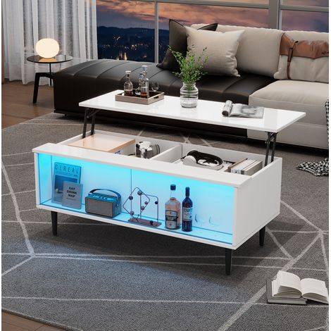 Tisch in Weiß aus Spanplatte 105 x 50 cm, höhenverstellbar bis 58 cm mit Stauraum, Glas-Schiebetüren und LED (1/5)