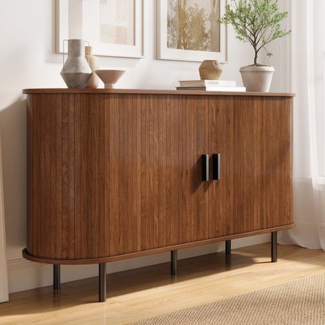 Modernluxe - Buffet moderne 140 x 40 x 75 cm - 2 portes coulissantes et 4 étagères - Angles arrondis - Pieds en métal - Marron (1/5)