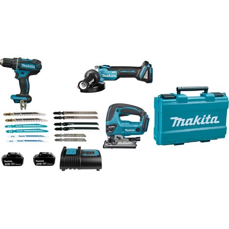 Makita – Pack de 3 outils électroportatifs 18V – Perceuse visseuse, scie sauteuse, meuleuse – 2 batteries 3Ah, chargeur, coffret – LOT0337 (1/3)