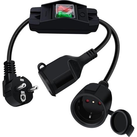 Rallonge Electrique schuko avec Interrupteur 16A 250V Double Prise Schuko Cable D'extension avec Interrupteur, Prise IP44 pour Une Utilisation Extérieure ou Intérieure (Noir, 1.5m) (1/5)