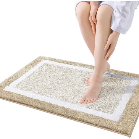 Tapis de bain en microfibre ultra douce et absorbante, antidérapant et moelleux, 40 x 60 cm (beige et blanc) (1/5)