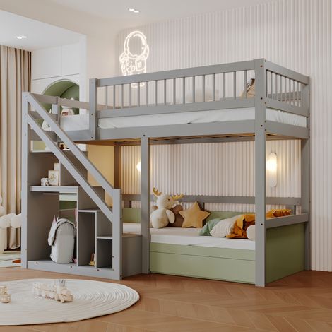 Modernluxe – Lit superposé en bois massif 90x200cm – Escalier de rangement intégré – Capacité 250kg – Conception peu encombrante – Montage facile (1/5)