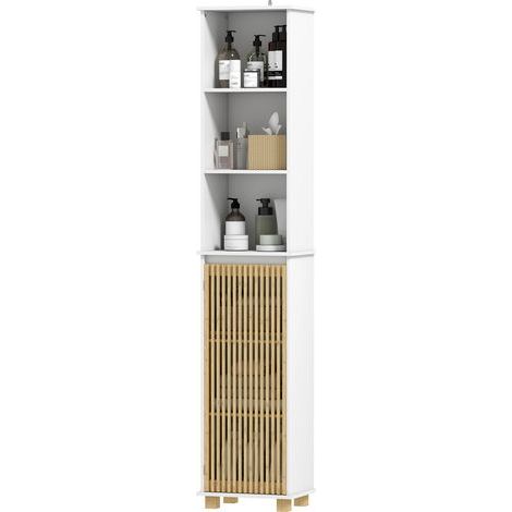 Colonne salle de bain, meuble salle de bain rangement avec porte à lattes en bambou et compartiments ouverts, blanc (1/5)