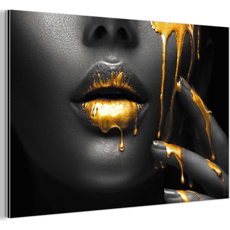QUADRO DI METALLO Donna - Nero - Oro - Viso - Labbra 60x40 cm (1/5)