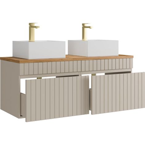 Mobile bagno sospeso scanalato beige con lavabo da appoggio quadrato e rubinetto 120 cm - SATARA (1/2)