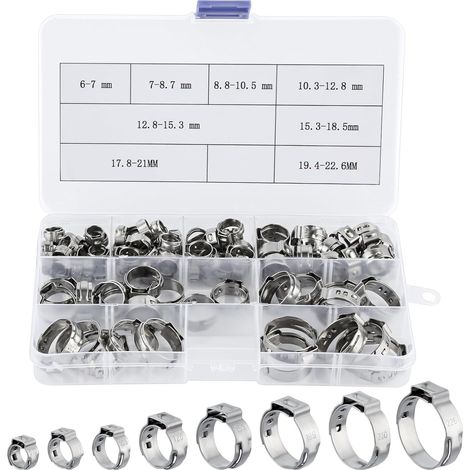 95 Pièces Collier de Serrage Inox, Collier de Serrage Tuyau avec 8 Tailles 6-22,6mm, Colliers deSerrage Métallique, Collier Tuyau à Oreille Réglable pour Tuyaux D'eau, Tubing Automobile (1/5)