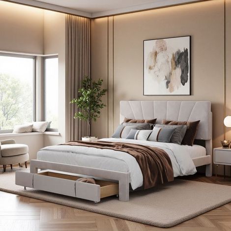 Bett 140x200 cm, ORLD, Samtstoff, zeitgenössisch, Erwachsenenbett, Doppelbettgestell 140x200 cm, 250 kg, Beige