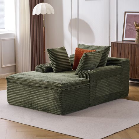 Divano da pavimento con chaise longue in velluto a coste, 165 x 112 x 63 cm, verde HAVRYA (1/5)